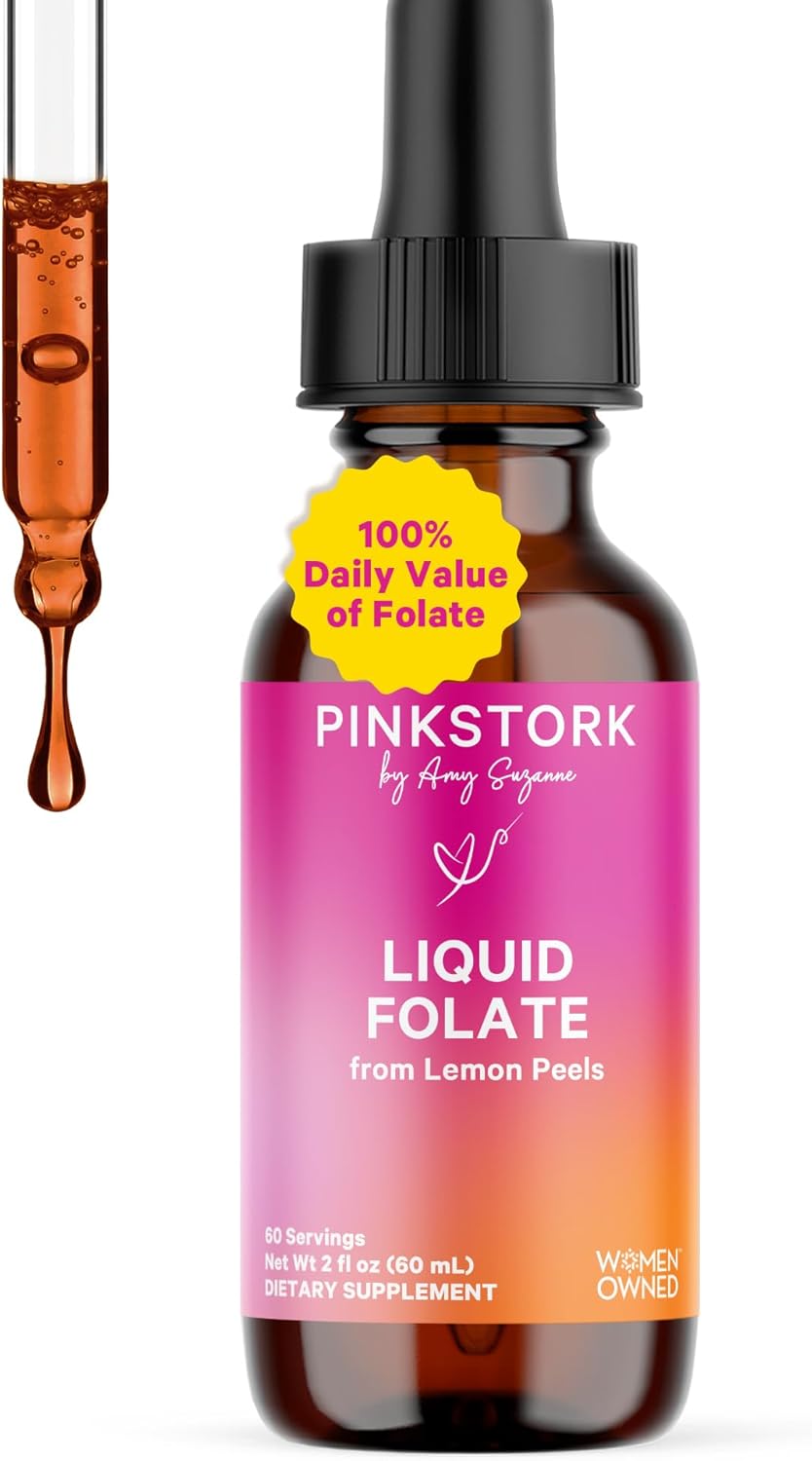 Pink Stork Gotas de Folato Líquido – Metilfolato 5-MTHF, Suplemento Prenatal Vegano (59 ml)