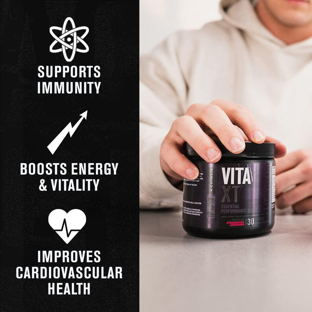 Jacked Factory Vita XT Performance Vitamin Powder - Multivitamínico en polvo para hombres con KSM-66 Ashwagandha, fibra prebiótica, vitaminas A, C, D, K, B6, B12 y más - Sabor limonada de fresa, 30 dosis