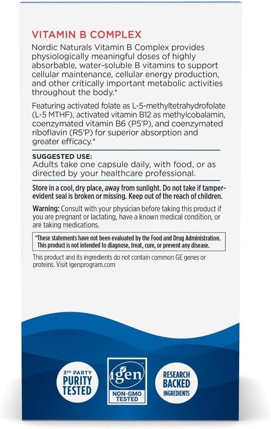 Nordic Naturals Complejo de Vitamina B - 45 Cápsulas con Tiamina, Riboflavina, Niacina, B6 y B12, Folato, Biotina, Ácido Pantoténico