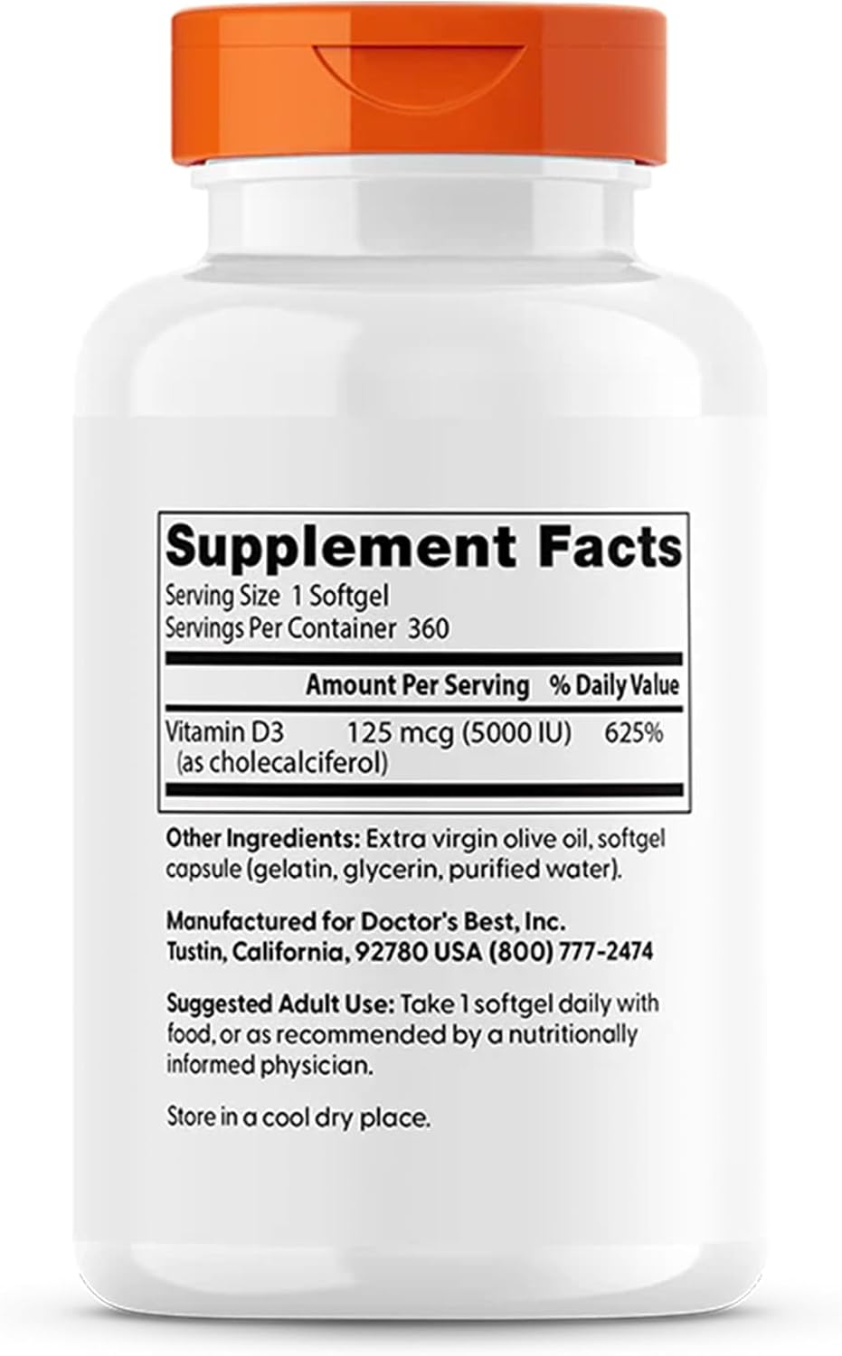 Doctor's Best Vitamina D3 5000 IU - 360 Cápsulas Blandas (2 Paquetes)