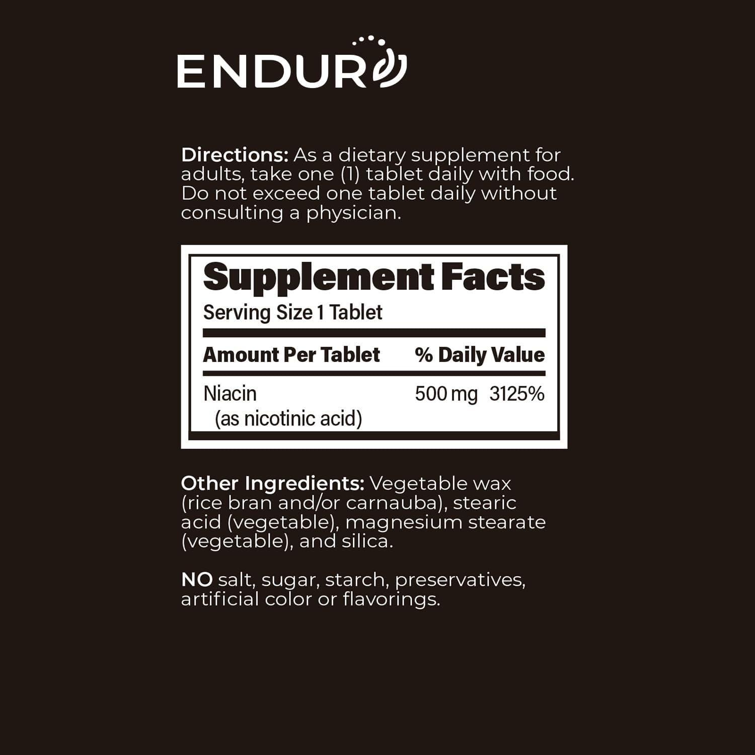 ENDUR-ACIN - Niacin B3 (Nicotinic Acid) Extended Release, 500 mg, 200 Tablets