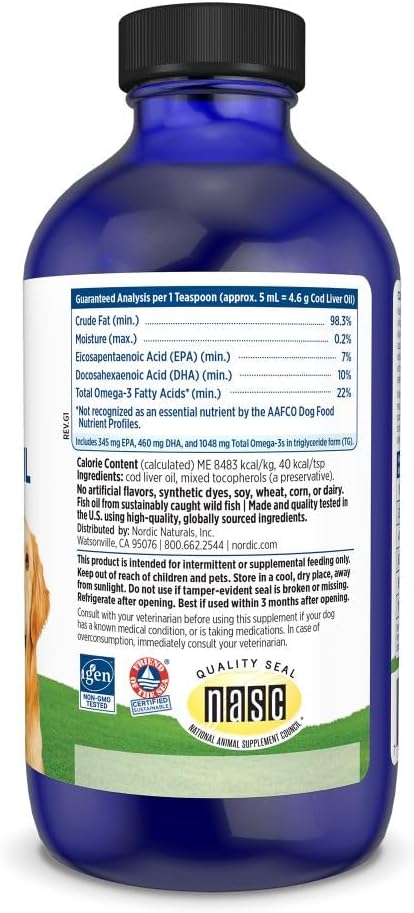 Nordic Naturals Cod Liver Oil for Dogs, Unflavored - 8 oz (237 ml) - 1048 mg Omega-3 per Teaspoon
