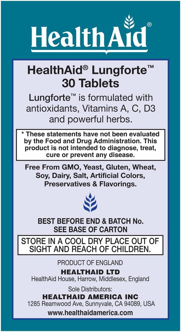 HealthAid LungForte 30 Comprimidos – Apoyo Pulmonar Antioxidante con NAC, Resveratrol, Aceite de Oliva, Tomillo y Vitaminas A, C y D3