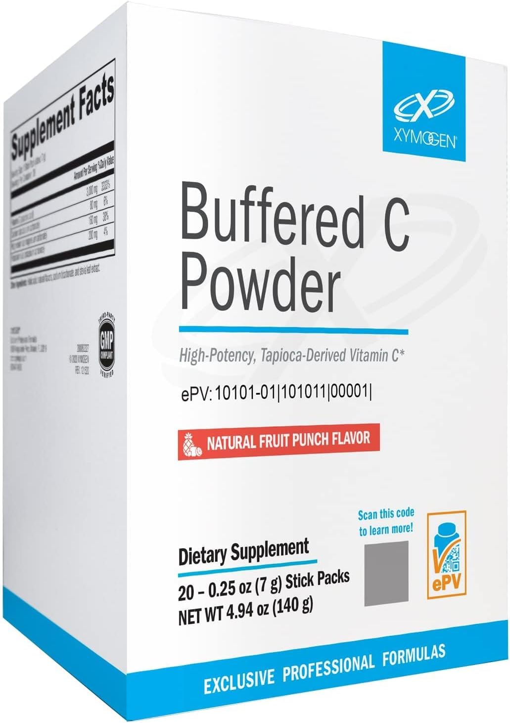 XYMOGEN Buffered C Powder - Vitamina C en polvo tamponada - Sabor Fruit Punch - 20 sobres