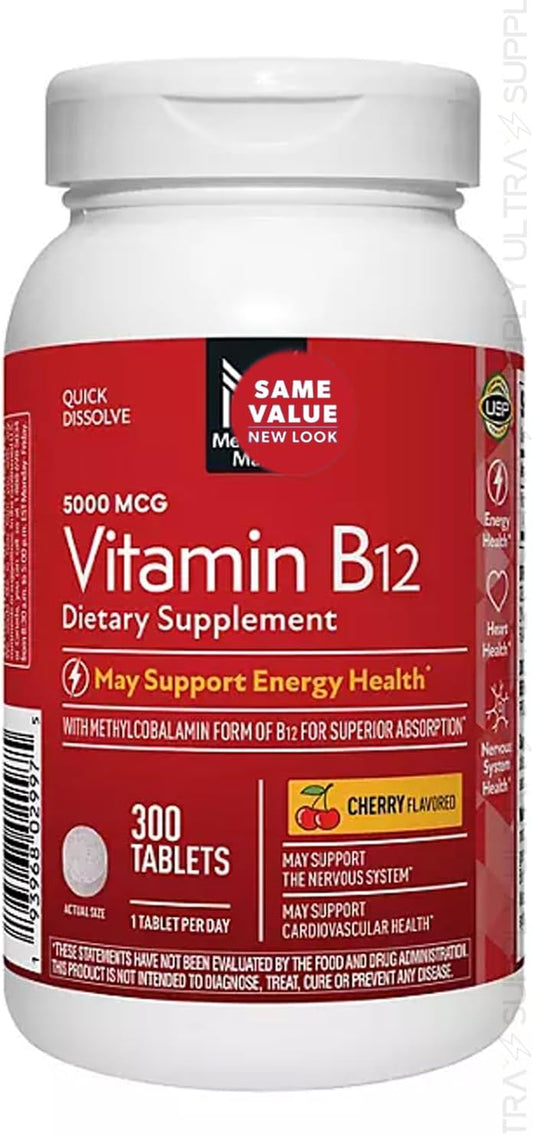Members Mark Vitamina B12 5000 mcg – 300 Comprimidos Sublinguales de Disolución Rápida con Metilcobalamina (Sabor Cereza)