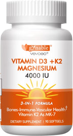 Vevoec Vitamina D3 K2 4000IU con Magnesio 200mg - 90 Cápsulas Blandas