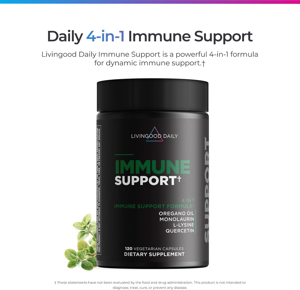 Livingood Daily Immune Support Supplement, 4 en 1 con Aceite de Orégano, Monolaurina, L-Lisina y Quercetina, 120 Cápsulas
