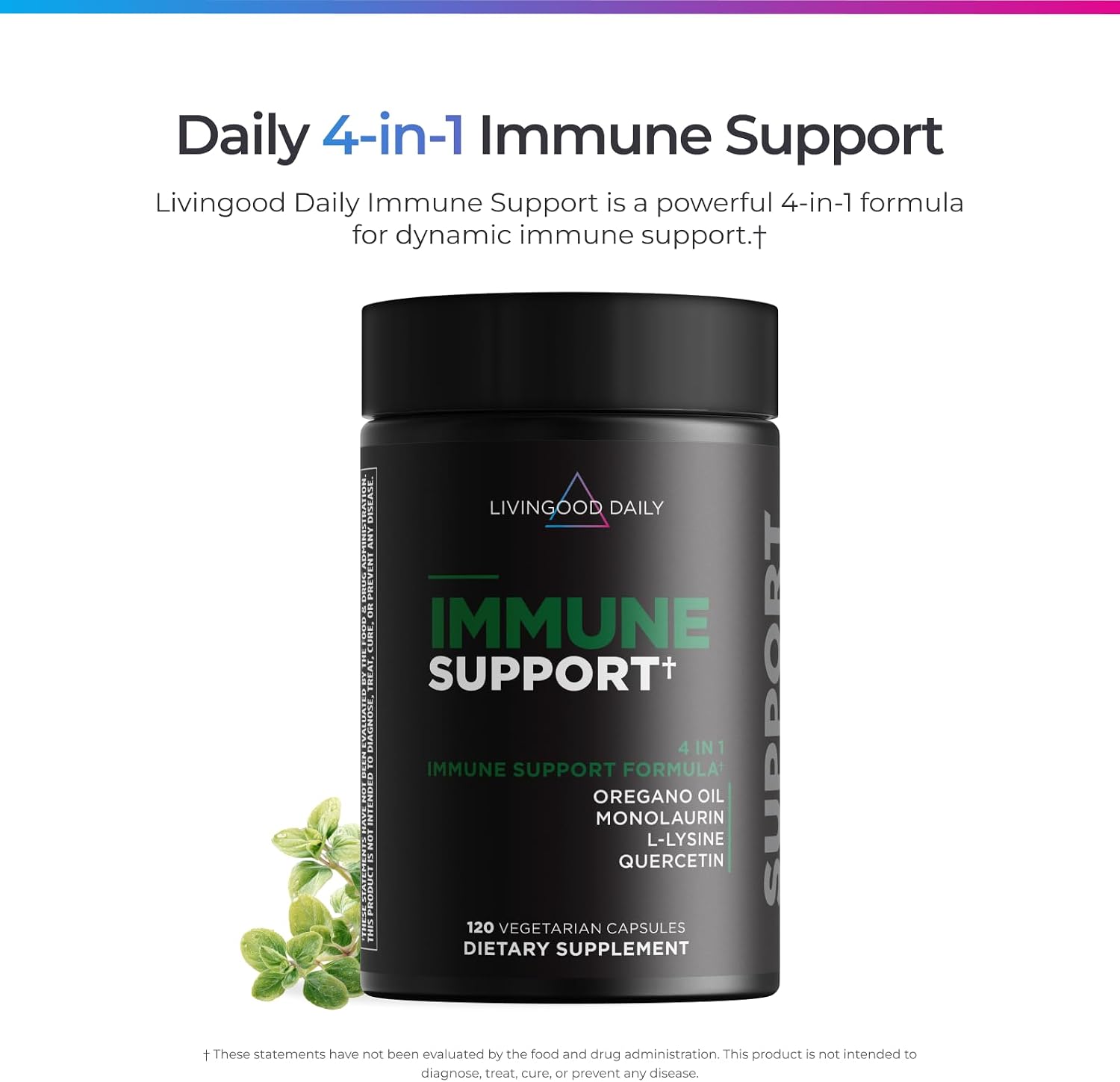 Livingood Daily Immune Support Supplement, 4 en 1 con Aceite de Orégano, Monolaurina, L-Lisina y Quercetina, 120 Cápsulas