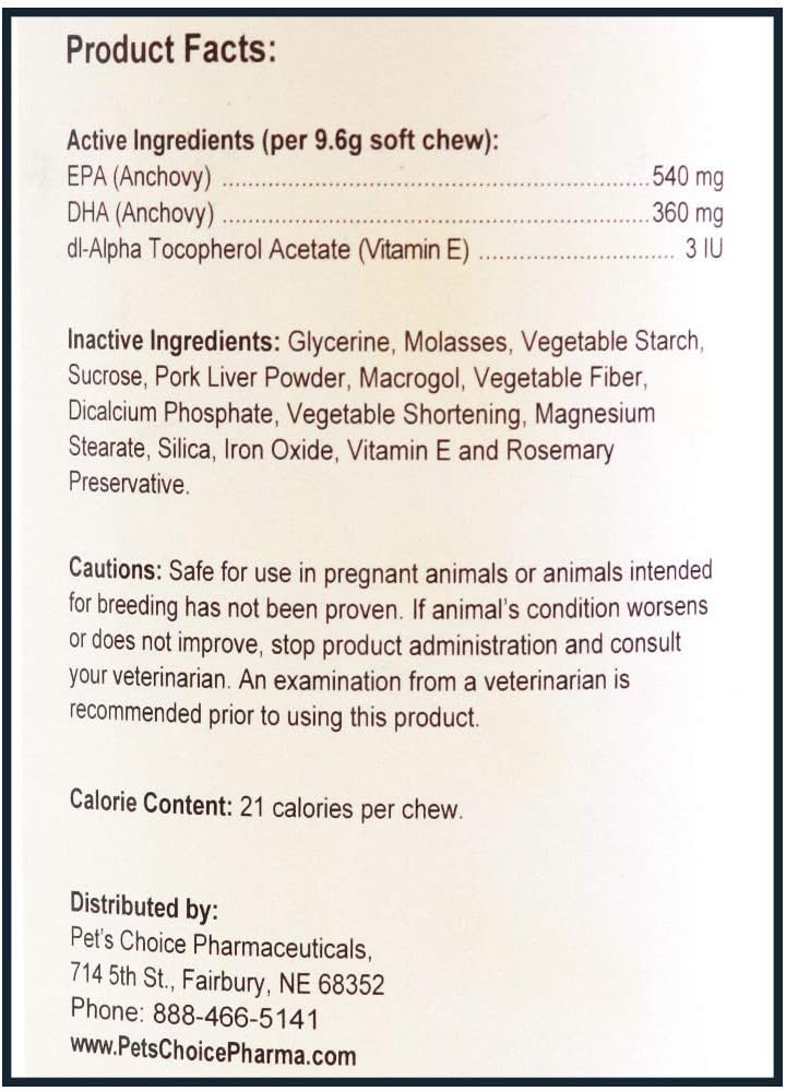 Pet’s Choice Pharmaceuticals Skin & Coat, Omega-3 Soft Chews para Perros Grandes y Gigantes, 150 unidades