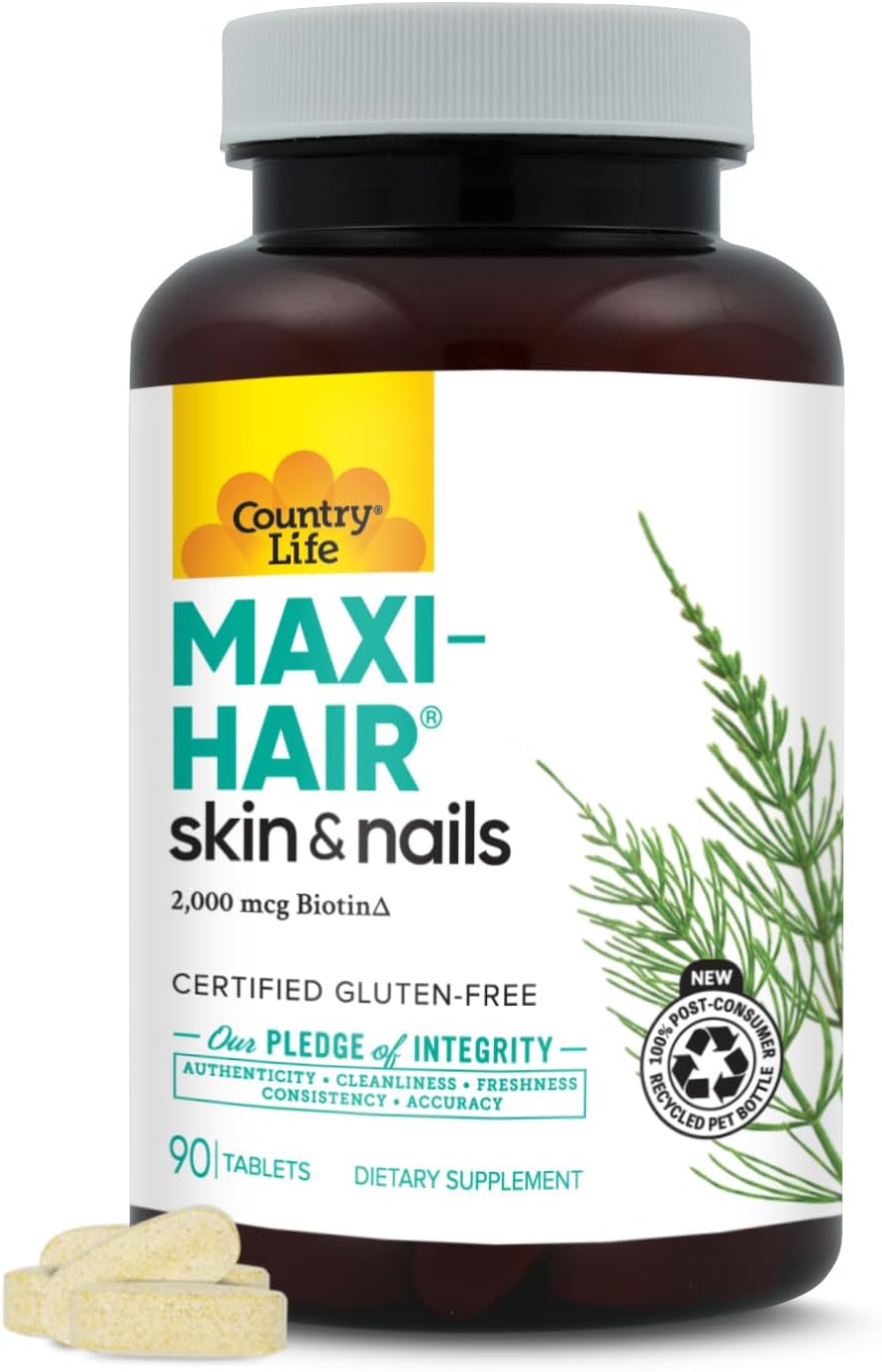 Country Life Maxi-Hair Suplemento con Biotina 2000 µg y Vitaminas para Cabello, Piel y Uñas - 90 Comprimidos