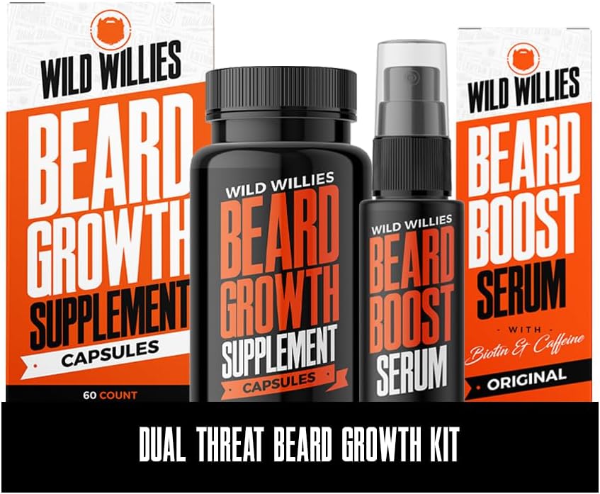 Kit de Crecimiento de Barba Wild Willies - Cápsulas y Sérum con Biotina y Cafeína - 60 Cápsulas