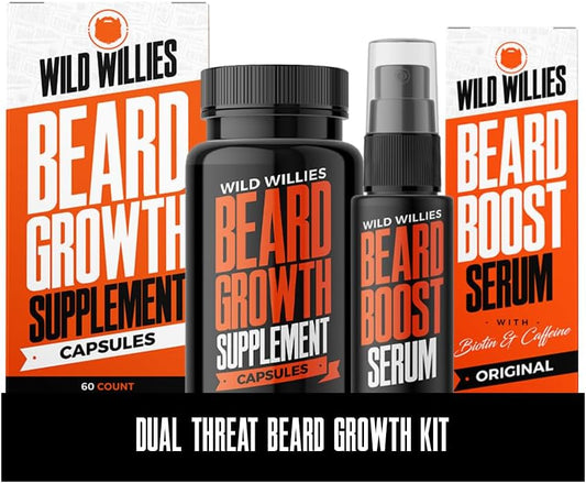Kit de Crecimiento de Barba Wild Willies - Cápsulas y Sérum con Biotina y Cafeína - 60 Cápsulas