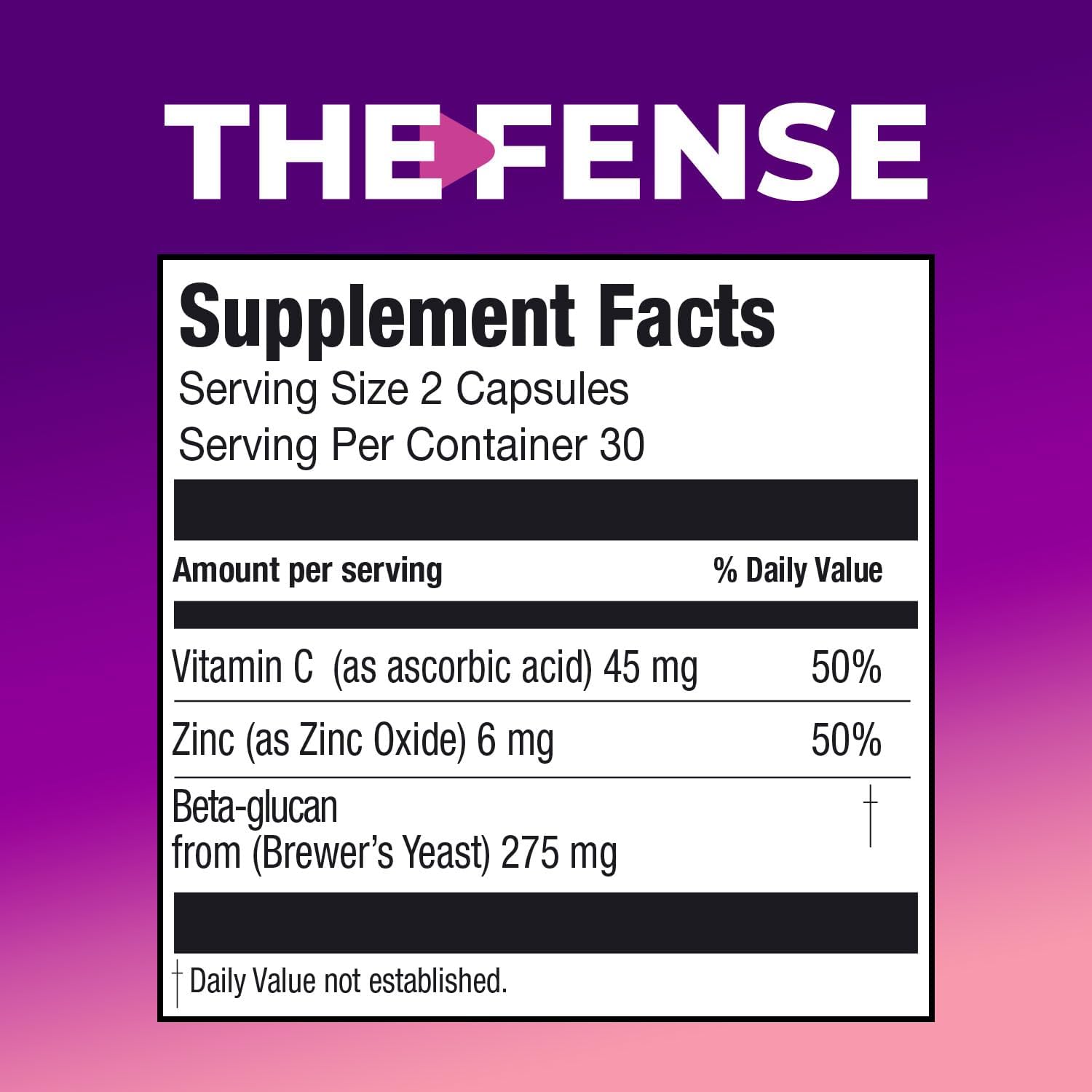 THE-FENSE Beta Glucano, Vitamina C y Zinc Cápsulas - Apoyo Inmunológico para Mujeres y Hombres - Sin Gluten ni Lactosa, No-GMO - 60 Cápsulas