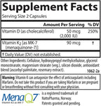 Carlson Vitamina D3 + K2, 50 mcg (2000 UI) Vitamina D3 y 90 mcg Vitamina K2 como MK-7, Soporte Óseo, Absorción de Calcio, 120 Cápsulas