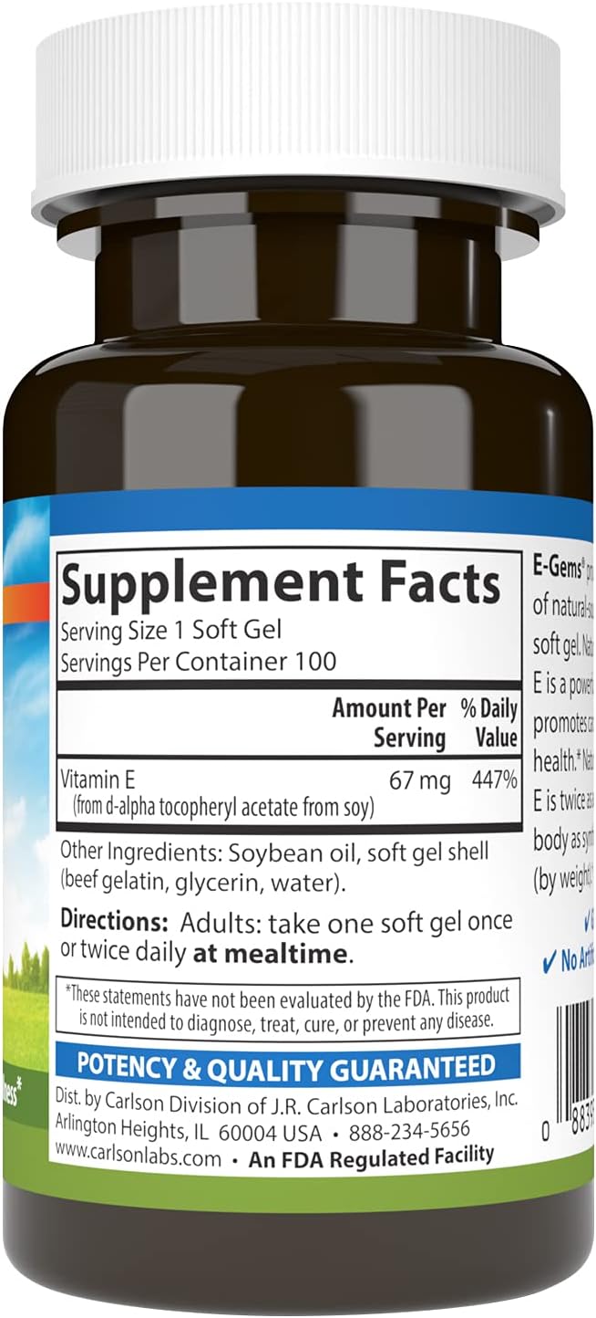 Carlson - E-Gems, 100 UI (67 mg), Vitamina E Natural, 100 Cápsulas Blandas