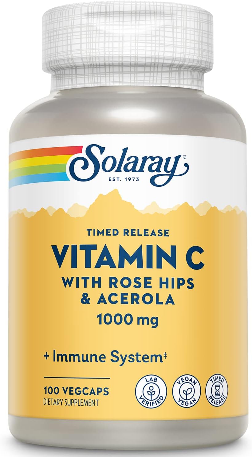 Solaray Vitamina C 1000 mg - Cápsulas de Liberación Prolongada con Rosa Mosqueta y Acerola - Apoyo Inmunitario - Vegano