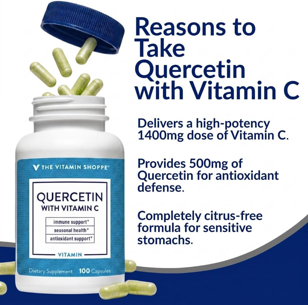 The Vitamin Shoppe Quercetina + C Sin Cítricos, 1400 mg de Vitamina C y 500 mg de Quercetina, 100 Cápsulas