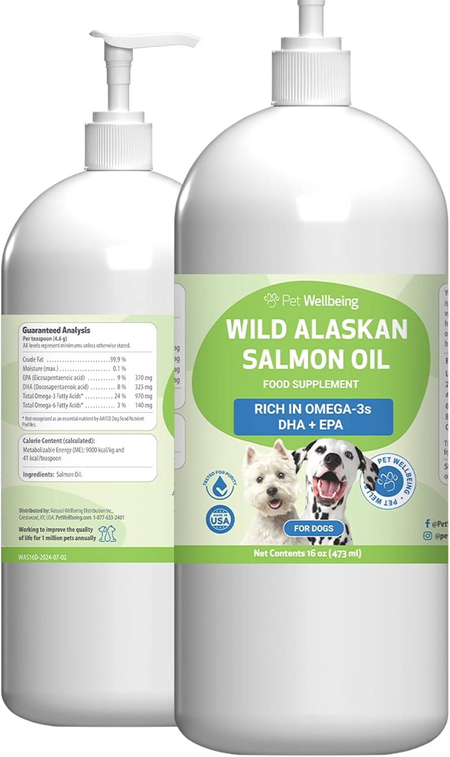 Pet Wellbeing Aceite de Salmón Salvaje de Alaska para Perros - Omega 3 EPA y DHA - 473 ml con Dosificador