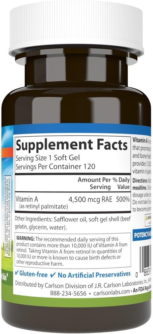 Carlson Labs Vitamina A Palmitato, 15000 UI, 120 Cápsulas Blandas