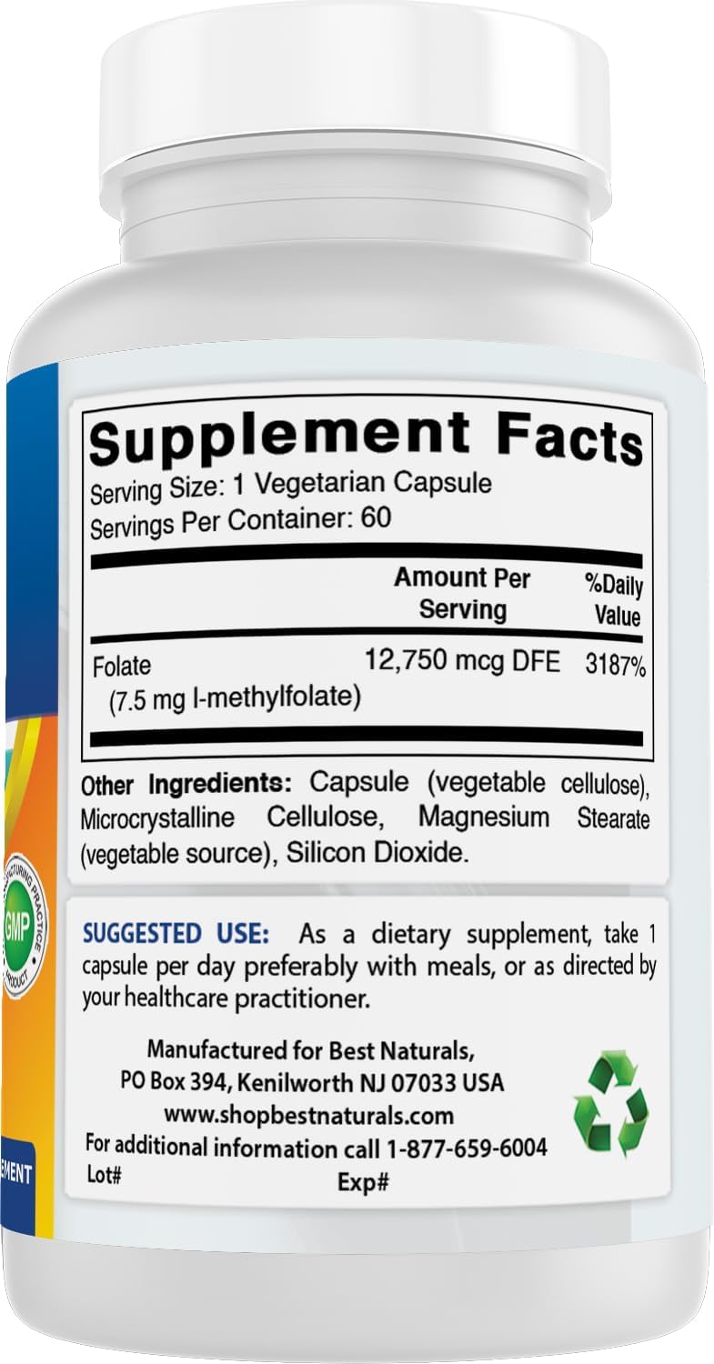 Best Naturals Metilfolato 7500 mcg - 60 Cápsulas Vegetales