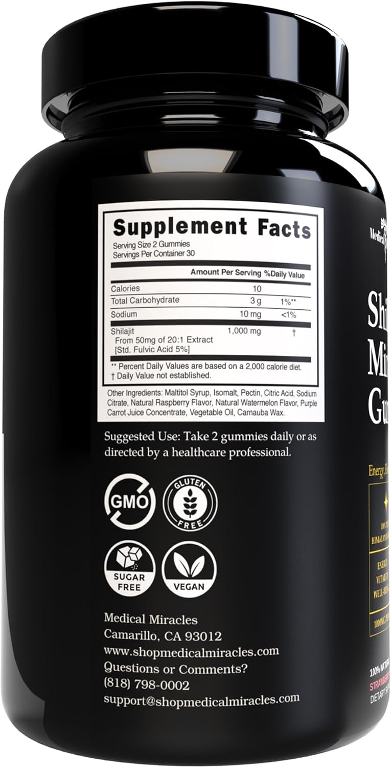 Medical Miracles Shilajit Gominolas de Energía Sin Azúcar 1000mg, Complejo Mineral Himalaya con Ácido Fúlvico, Suplemento Vegano Sabor Frambuesa y Sandía, 60 Unidades