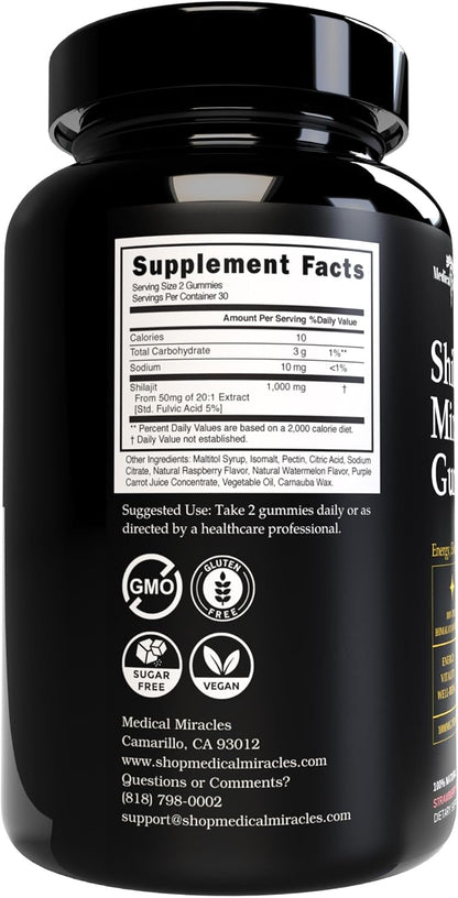 Medical Miracles Shilajit Gominolas de Energía Sin Azúcar 1000mg, Complejo Mineral Himalaya con Ácido Fúlvico, Suplemento Vegano Sabor Frambuesa y Sandía, 60 Unidades