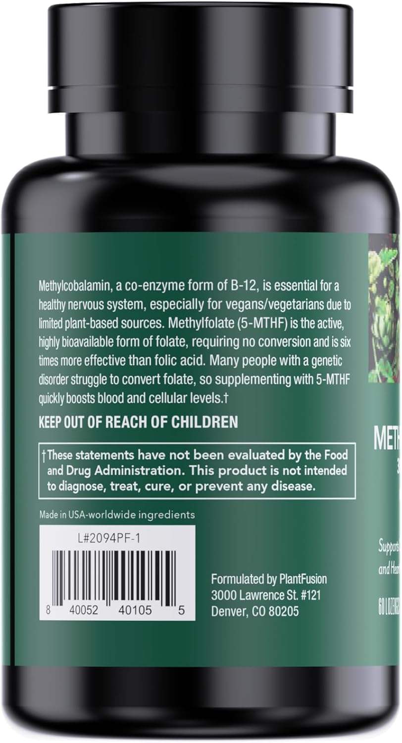 PlantFusion Vegan B12 Methyl 3000 mcg + Folate 400 mcg - Vitamina B12 Sublingual - 60 Pastillas - Sabor Cereza