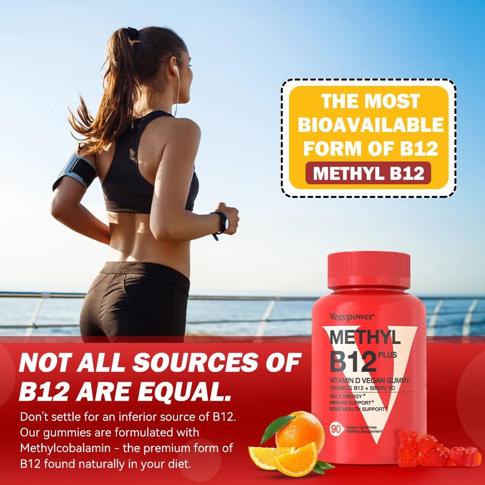 Vitamina B12 1000 mcg + D3 5000 UI Gominolas Veganas - Metilcobalamina - Sabor Naranja - 180 Unidades