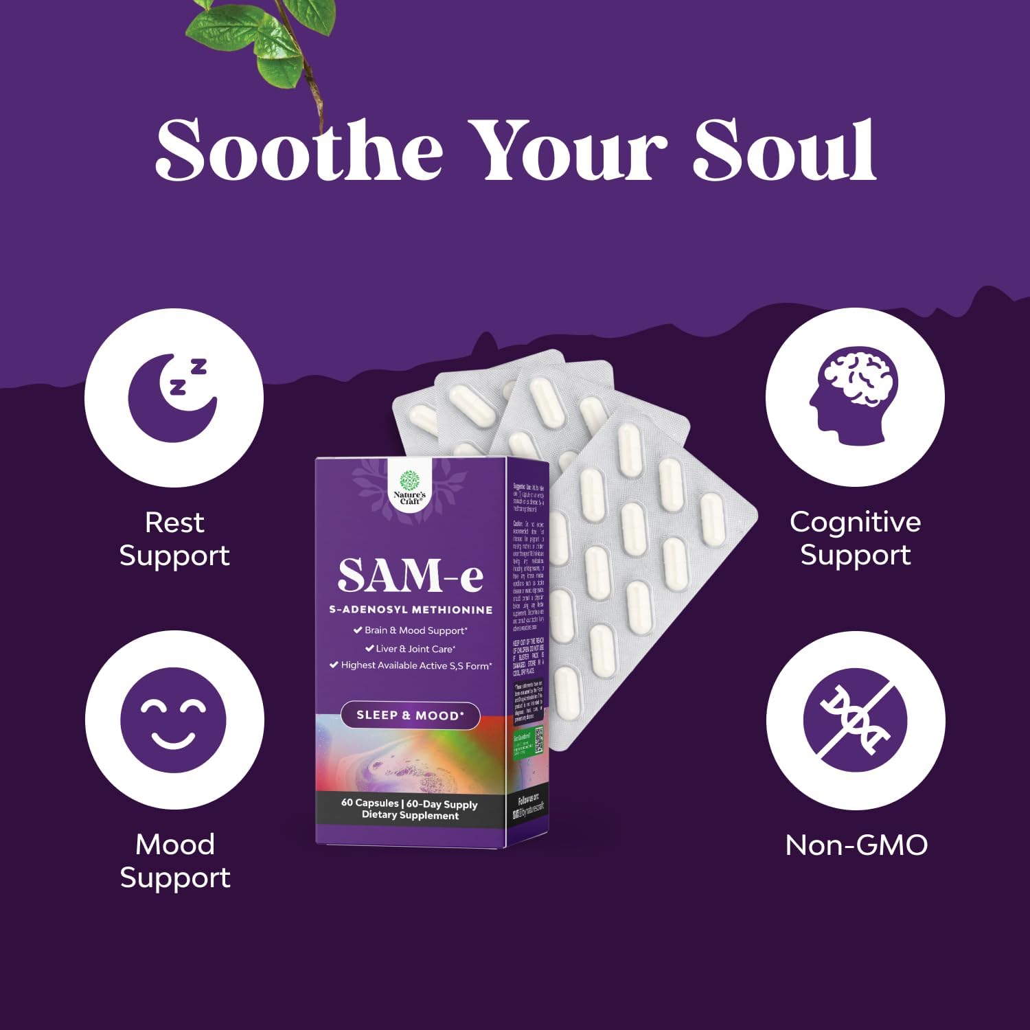 Natures Craft SAM-e 200mg - Suplemento de S-Adenosilmetionina, 60 Cápsulas Veganas