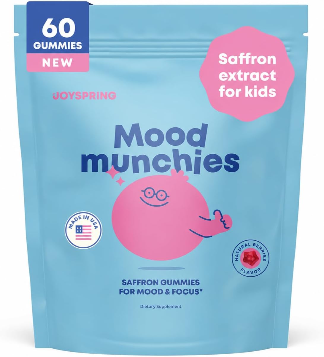 JoySpring Mood Munchies Gominolas de Azafrán para Niños 4+ - Extracto de Azafrán con GABA, Pasiflora y Hierba de San Juan - Vegano, Sin Azúcar