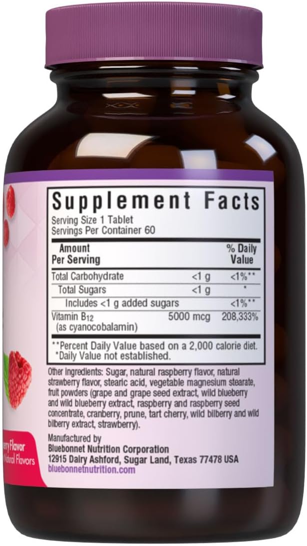 Bluebonnet Vitamin B12 5000 mcg Raspberry Flavor Chewable – 60 Tablets