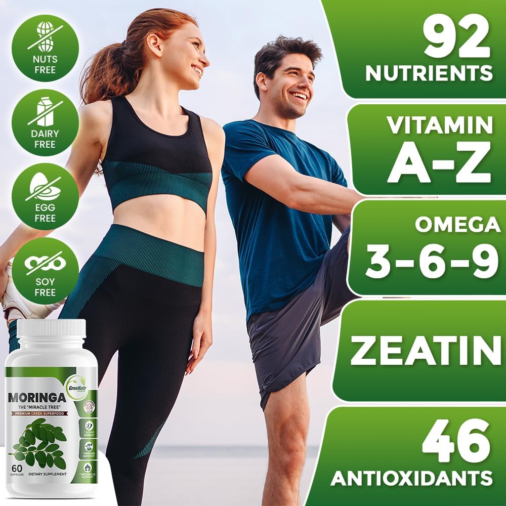 Cápsulas de Moringa Oleifera Pura - Superalimento Verde con Vitamina C, Omega 3 y Aminoácidos - 60 Cápsulas