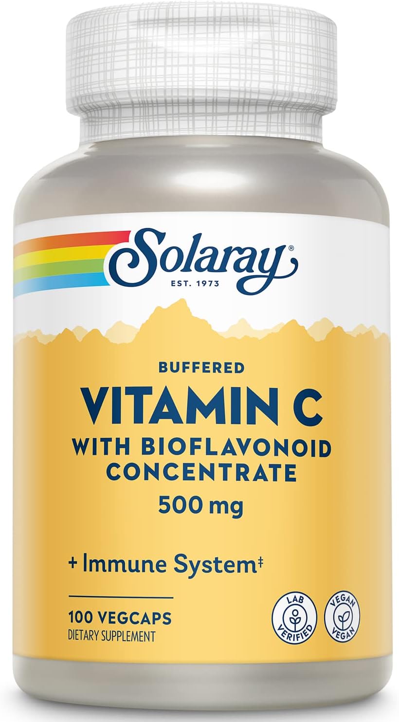 SOLARAY Vitamina C Buffered 500 mg con Bioflavonoides, Escaramujo y Acerola - 100 Cápsulas Veganas
