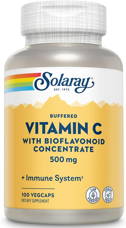 SOLARAY Vitamina C Tamponada 500 mg con Bioflavonoides, Escaramujo y Acerola - 100 Cápsulas Veganas – Image 1