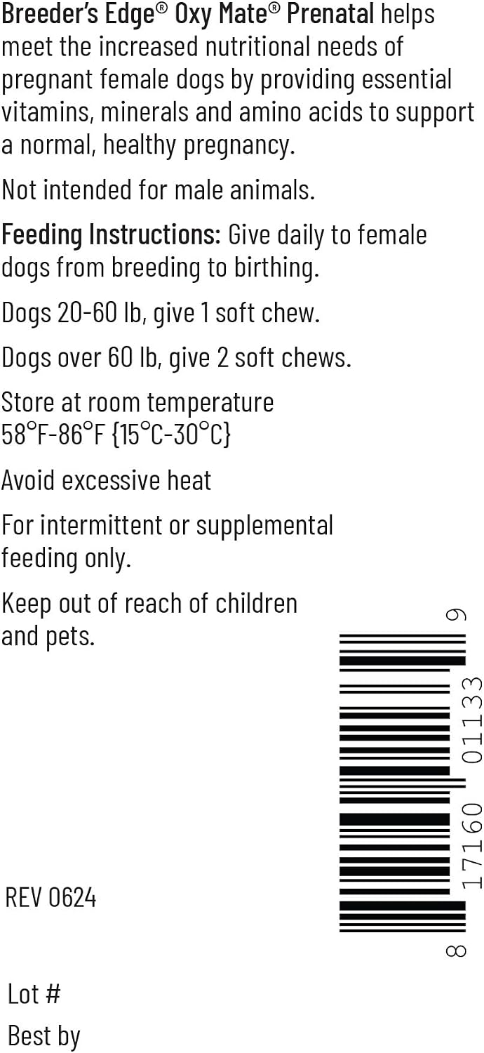Breeder's Edge Oxy Mate Prenatal Vitamins for Dogs & Cats - Soft Chews with Iron, Folic Acid & Zinc - 60 Count