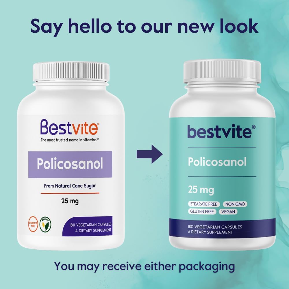 BESTVITE Policosanol 25mg (180 Cápsulas Vegetales) - Sin Estearatos - Vegano - No Transgénico - Sin Gluten