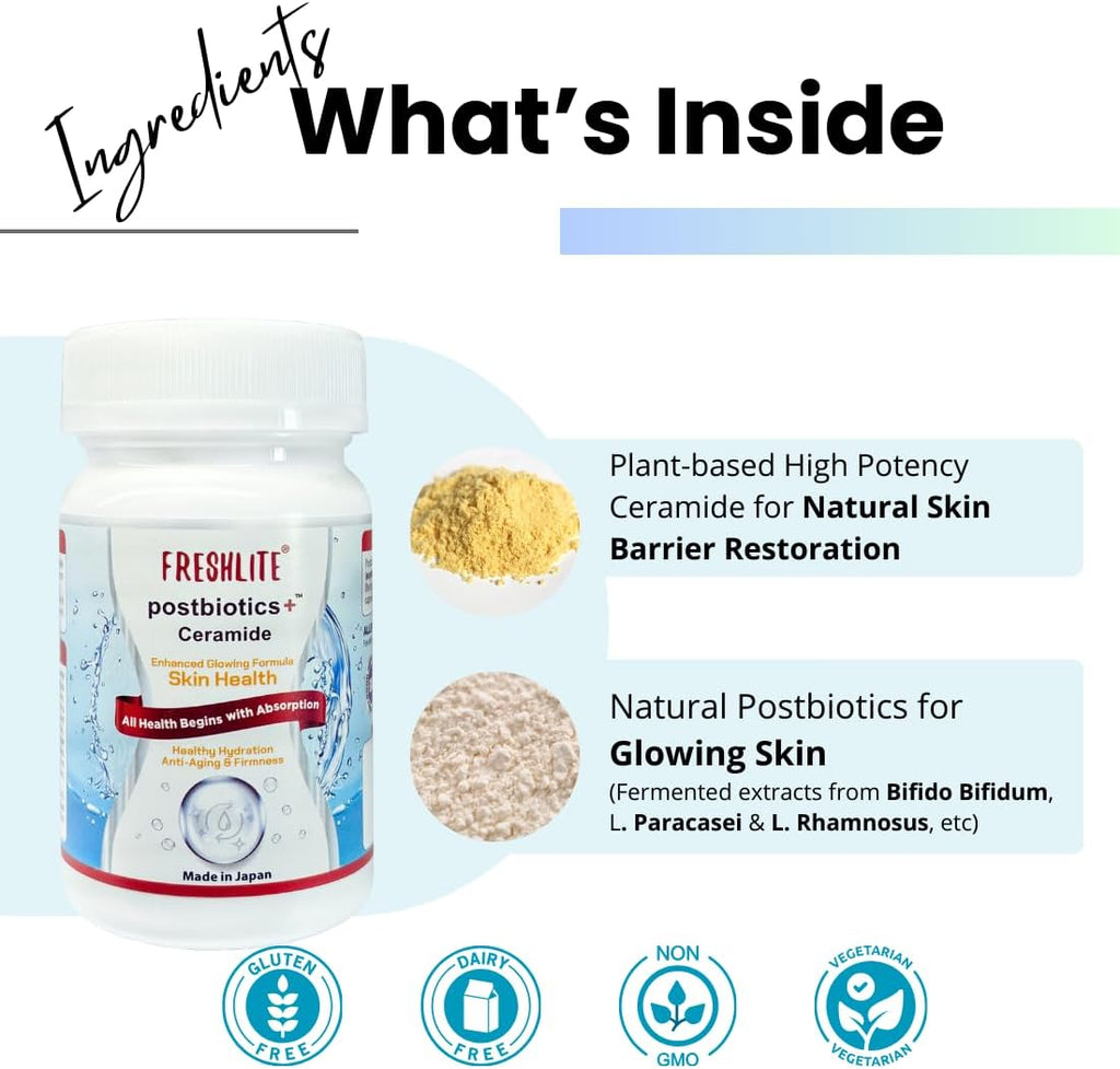 FRESHLITE Japanese Clear Skin Ceramide Supplement – Ceramida vegetal y postbióticos para hidratación, barrera y elasticidad – 60 cápsulas veganas