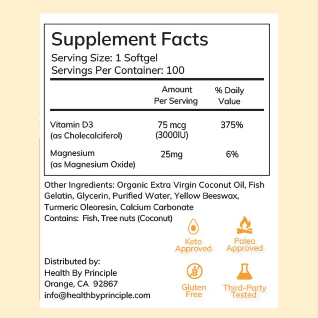 Health by Principle - Vitamina D3 - Apoyo Inmune, Salud Ósea y Cognitiva - Natural, Orgánico, Sin OGM, Sin Gluten - 100 Softgels