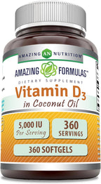Vitamina D3 5000 IU en Aceite de Coco – 360 Cápsulas Blandas – Amazing Nutrition