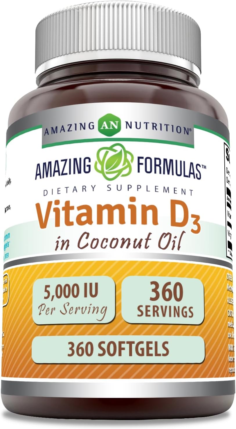 Vitamina D3 5000 IU en Aceite de Coco – 360 Cápsulas Blandas – Amazing Nutrition