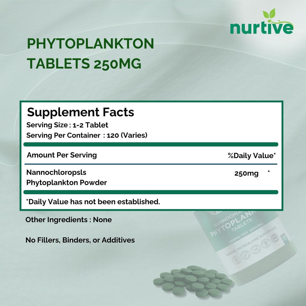 NURTIVE Nannochloropsis Phytoplankton Tabletas – 250mg por Tableta – Vegano, Sin Gluten, No Transgénico, Sin Rellenos – 120 Tabletas