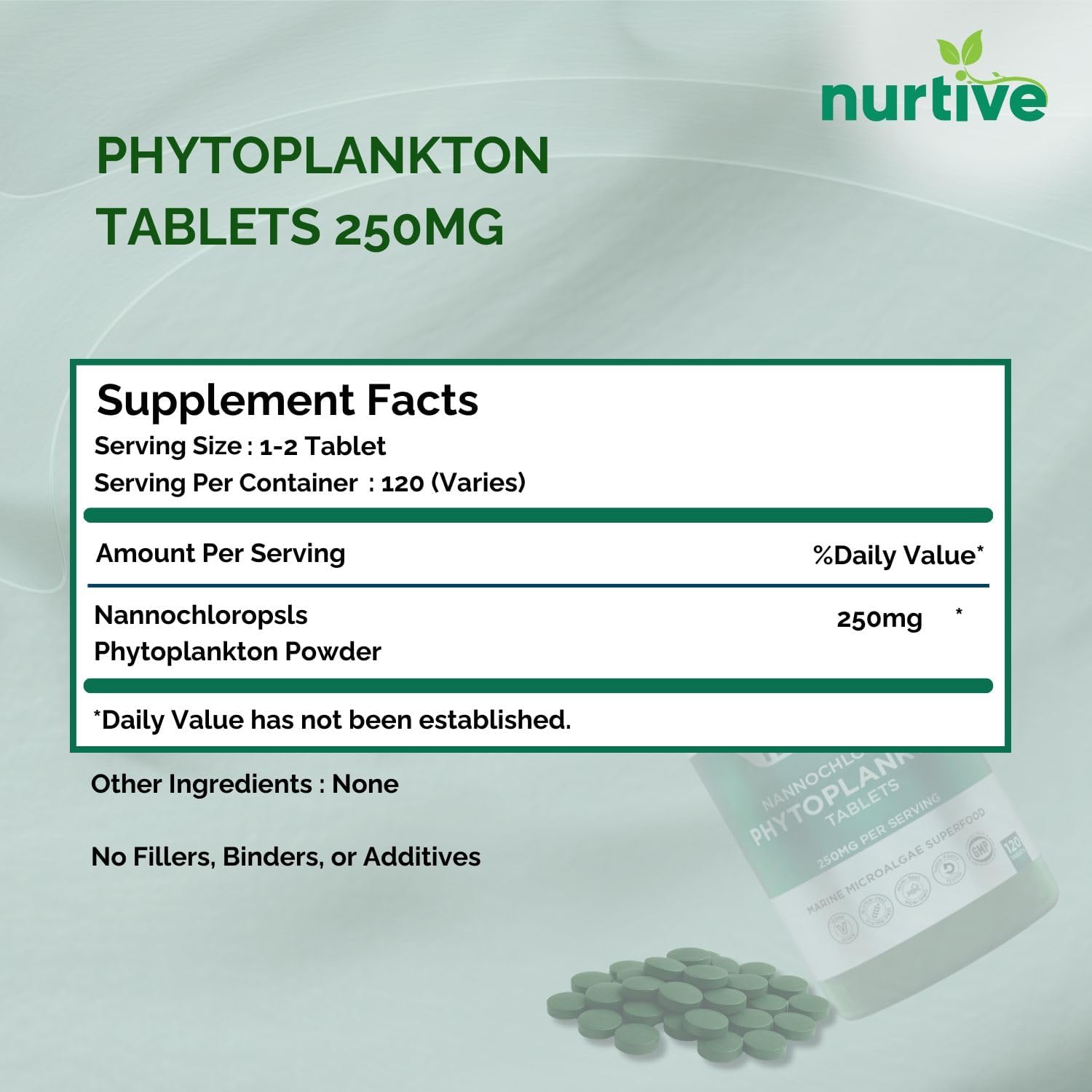 NURTIVE Nannochloropsis Phytoplankton Tabletas – 250mg por Tableta – Vegano, Sin Gluten, No Transgénico, Sin Rellenos – 120 Tabletas