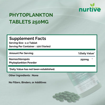 NURTIVE Nannochloropsis Phytoplankton Tabletas – 250mg por Tableta – Vegano, Sin Gluten, No Transgénico, Sin Rellenos – 120 – Image 8