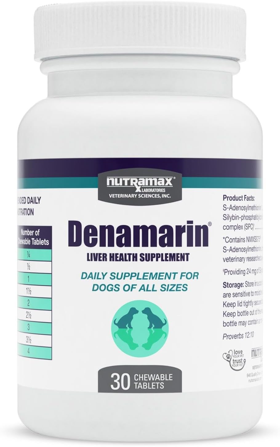 Nutramax Denamarin para Perros - Suplemento Hepático con SAMe y Silibina, 30 Comprimidos Masticables