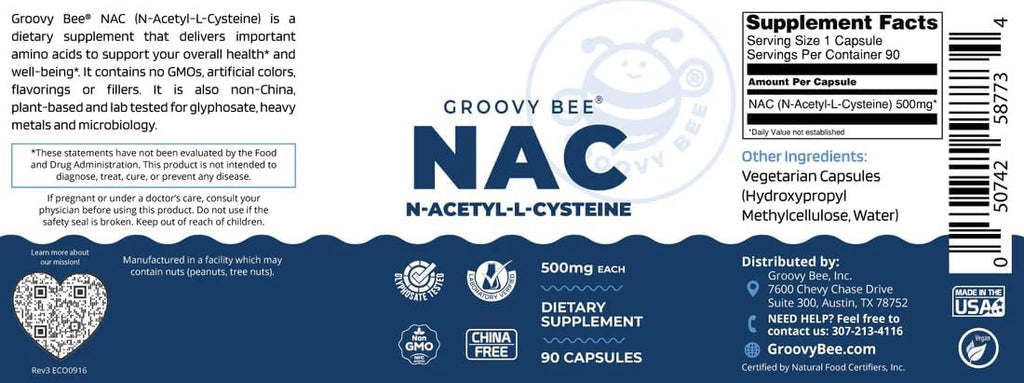 GROOVY BEE NAC (N-Acetilcisteína) 500 mg, 90 Cápsulas