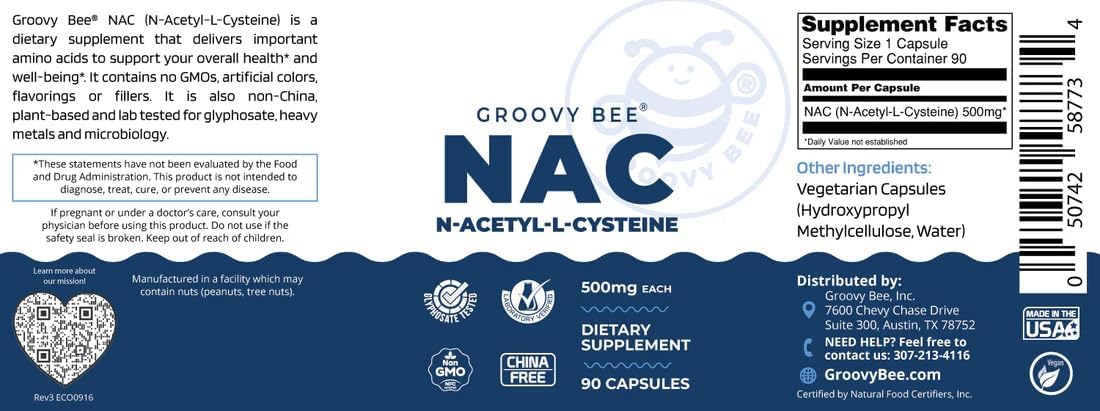GROOVY BEE NAC (N-Acetilcisteína) 500 mg, 90 Cápsulas