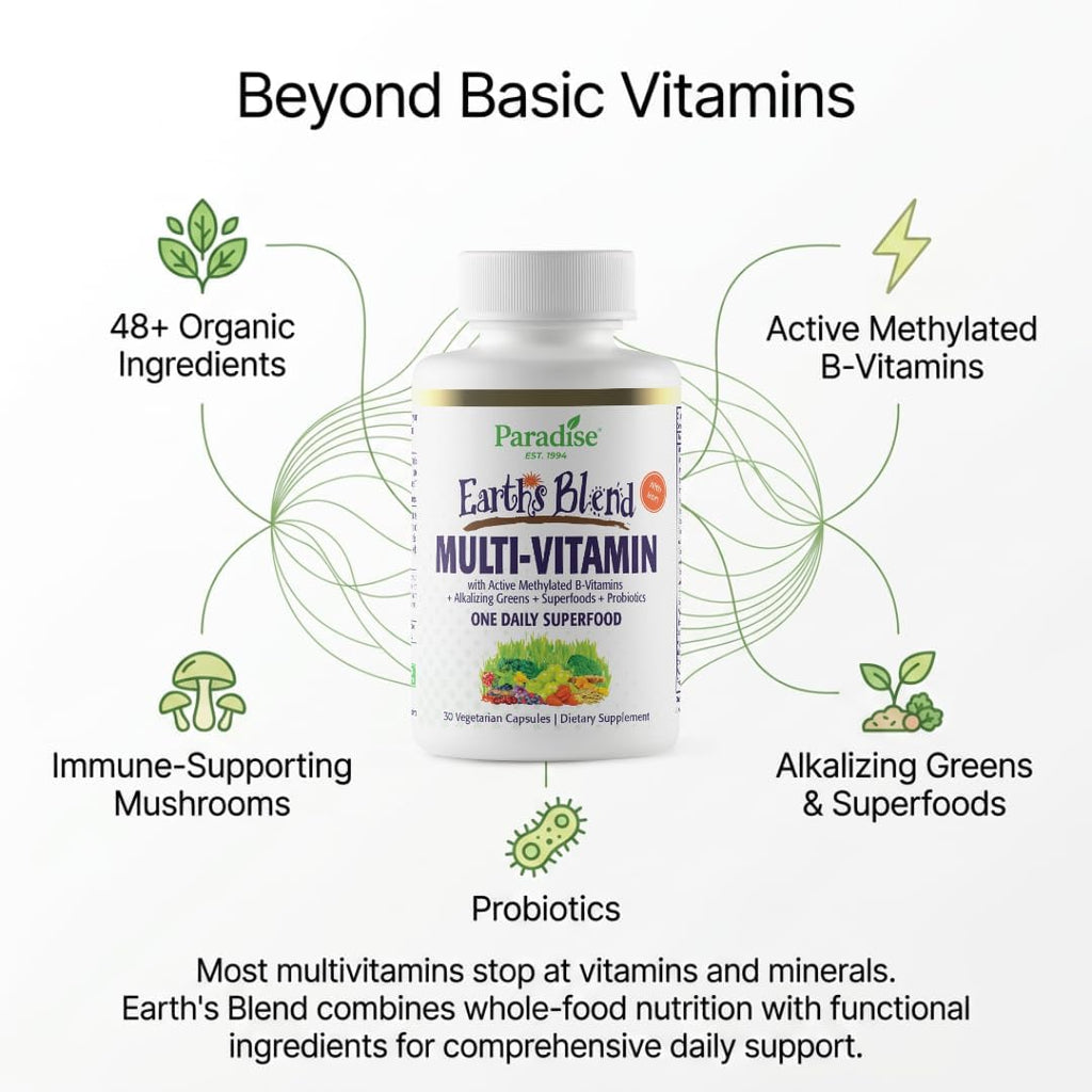 Paradise Herbs Earth's Blend Multivitamínico Diario con Hierro, 48 Superalimentos Orgánicos, Probióticos, Antioxidantes, Vitaminas A, B12, C, D, K2, 30 Cápsulas