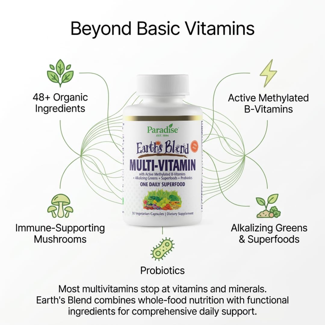 Paradise Herbs Earth's Blend Multivitamínico Diario con Hierro, 48 Superalimentos Orgánicos, Probióticos, Antioxidantes, Vitaminas A, B12, C, D, K2, 30 Cápsulas
