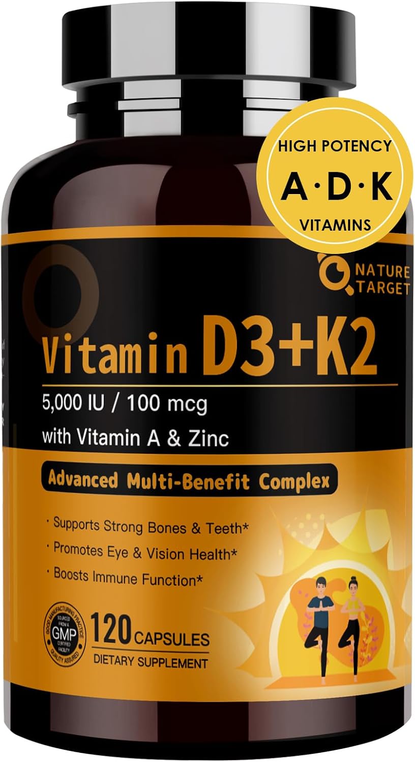 NATURE TARGET Complejo Vitamina D3 K2 con A, E y Zinc - 5000 UI, 100 mcg - 120 Cápsulas