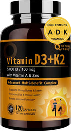 NATURE TARGET Complejo Vitamina D3 K2 con A, E y Zinc - 5000 UI, 100 mcg - 120 Cápsulas